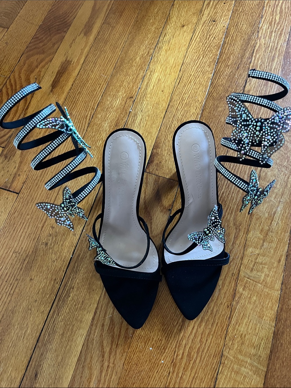 Wild Diva Black Pointed Toe Heels with Crystal Butterfly Accents